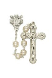 7mm Capped Pearl Beads and Cross with Miraculous Center Rosary-WOSR3779WHJC-Inspirational Gifts-Singer-Michigan Church Supply