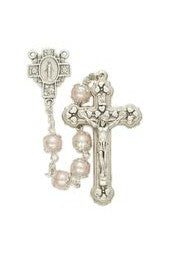 7mm Pink Capped Pearl Beads and Cross with Miraculous Center Rosary-WOSR3779PKJC-Inspirational Gifts-Singer-Michigan Church Supply