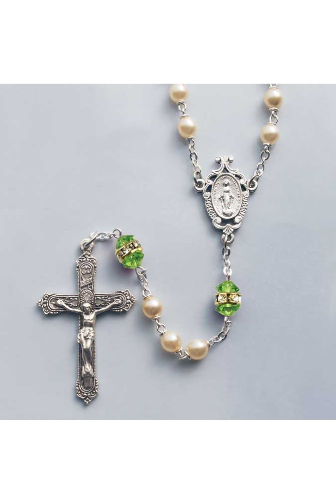 Birthstone Pearl and Rondelle Crystal Peridot (Aug) Rosary - HX41298/PD-Inspirational Gifts-Devon-Michigan Church Supply