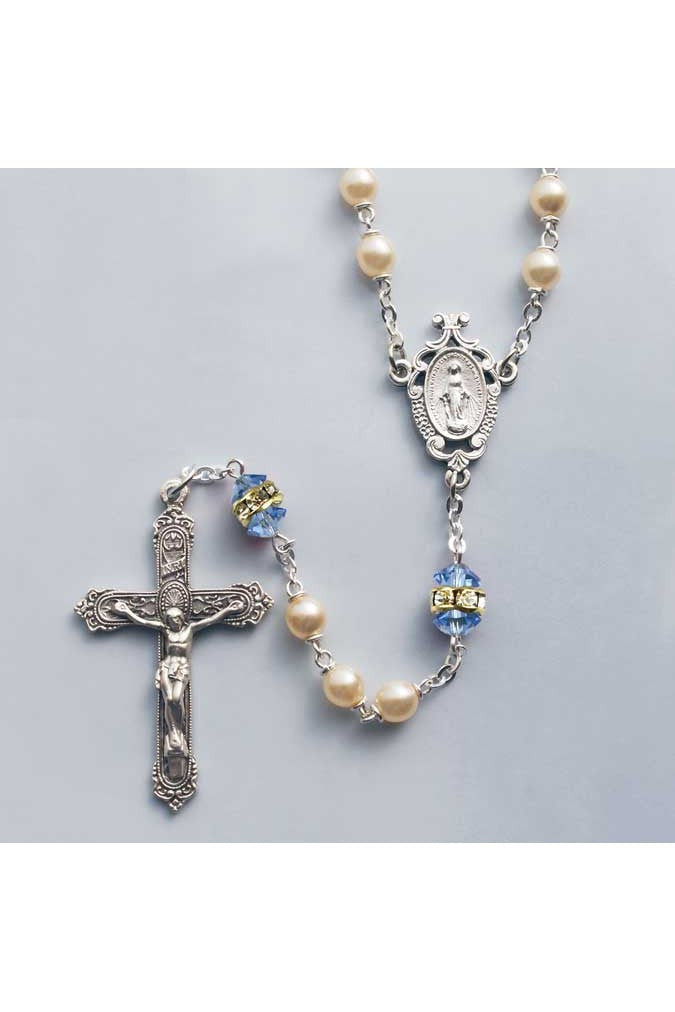 Birthstone Pearl and Rondelle Crystal Sapphire (September) Rosary - HX41298SP-Inspirational Gifts-Devon-Michigan Church Supply