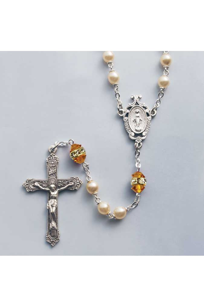 Birthstone Pearl and Rondelle Crystal Topaz (Nov) Rosary - HX41298TZ-Inspirational Gifts-Devon-Michigan Church Supply