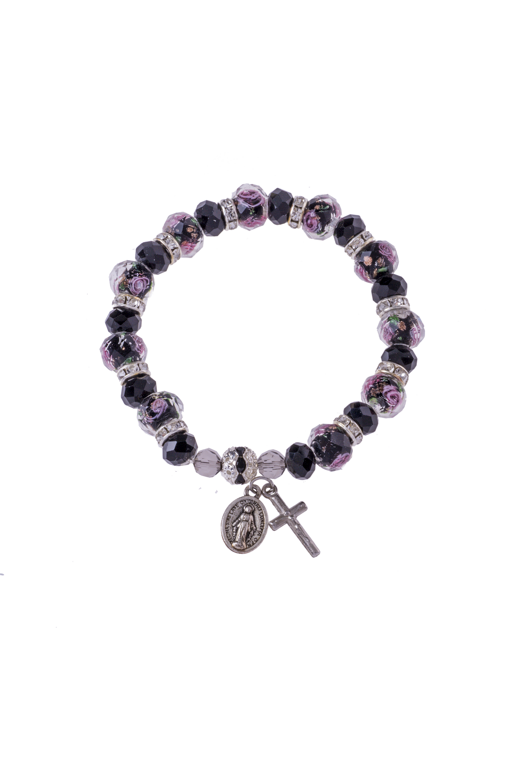 Black Floral Rosary Bracelet - LA48829-Inspirational Gifts-RELIGIOUS ART INC-Michigan Church Supply