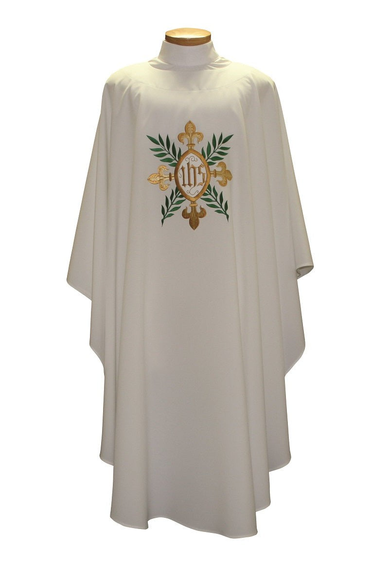 Chasuble has IHS in center of cross - SL2018-Church Life-Beau Veste-Embroidered Front Only-Pure White-Michigan Church Supply