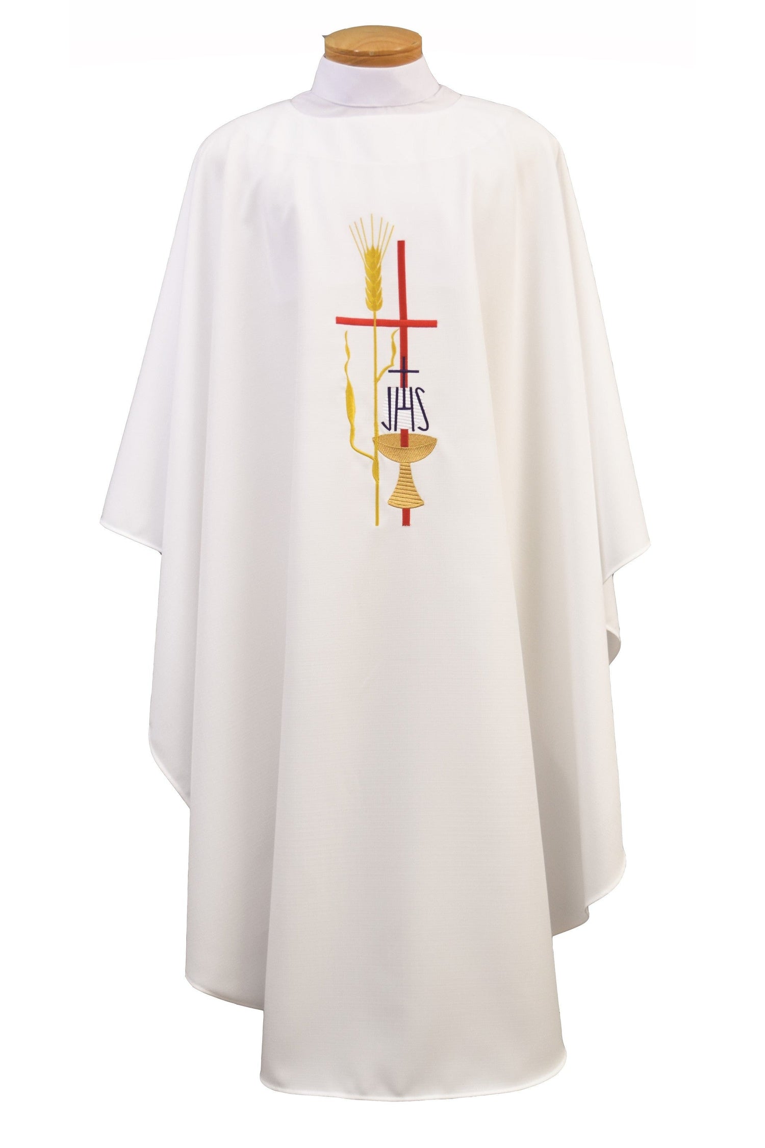 Chasuble with Cross, IHS, Chalice and Wheat - SL857-Church Life-Beau Veste-Embroidered Front Only-Pure White-Michigan Church Supply