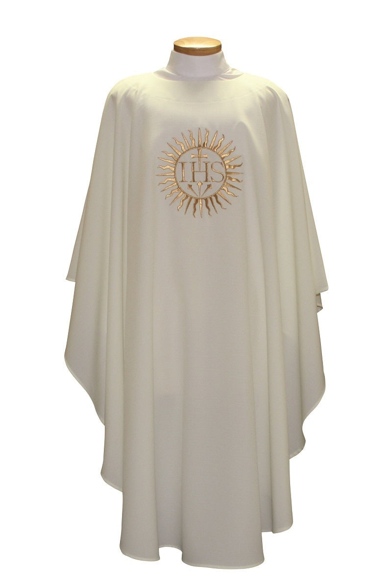 Chasuble with IHS - SL2028-Church Life-Beau Veste-Embroidered Front Only-Pure White-Michigan Church Supply