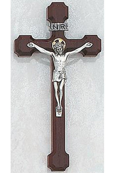 Cherry Stain Crucifix W/ Silver Corpus: 8" - UZ7942613-Inspirational Gifts-McVan-Michigan Church Supply