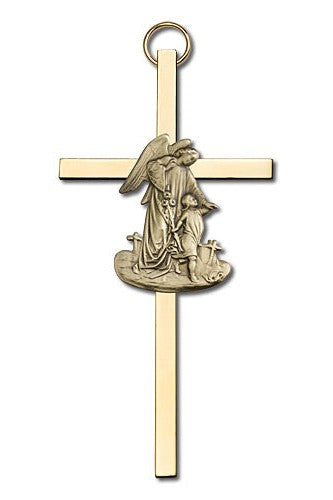 Engravable Guardian Angel Two-tone Brass Cross - FN4825G/G-Inspirational Gifts-Bliss Mfg-Yes-Michigan Church Supply