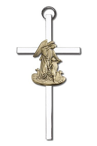 Engravable Guardian Angel Two-tone Silver Cross - FN4825G/S-Inspirational Gifts-Bliss Mfg-Yes-Michigan Church Supply