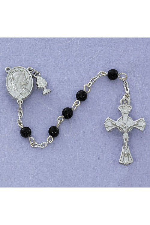 First Communion 5mm Black Glass Bead Rosary - UZC72RB-Inspirational Gifts-McVan-Michigan Church Supply