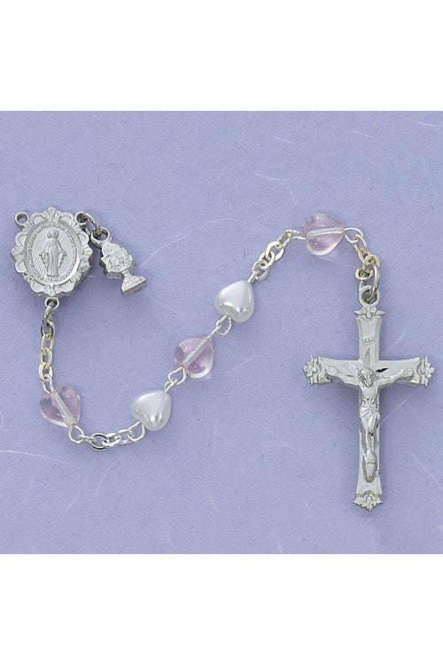 First Communion Pearl & Pink Heart Rosary - UZC58RW-Inspirational Gifts-McVan-Michigan Church Supply