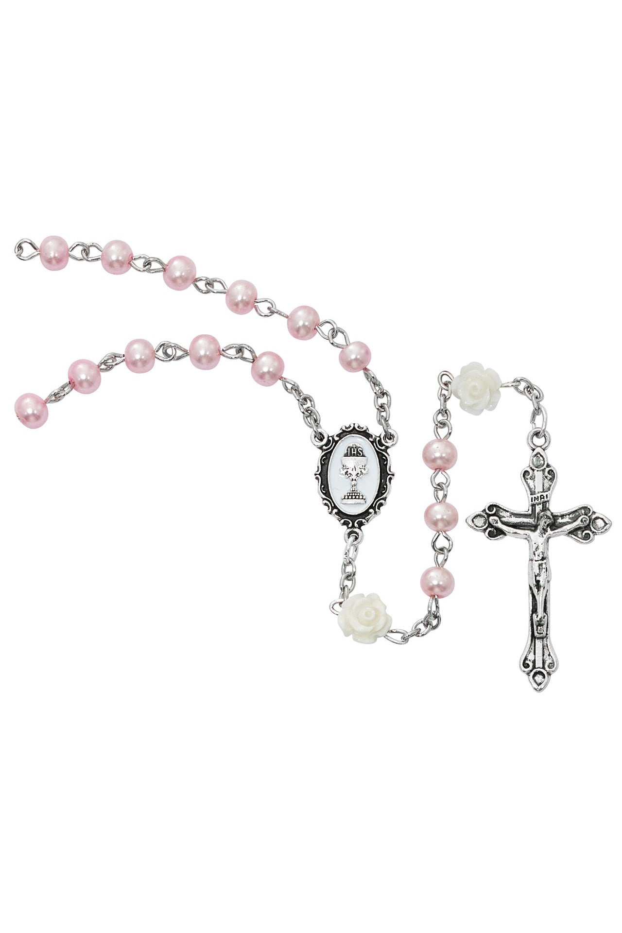 First Communion Rosary - Pearl Floral - UZR796W-Inspirational Gifts-McVan-Michigan Church Supply