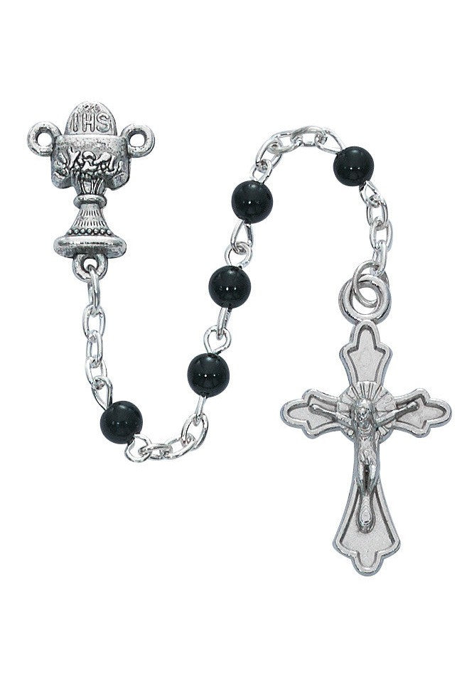 First Communion Rosary w/ Case-Inspirational Gifts-McVan-Black Glass-Michigan Church Supply