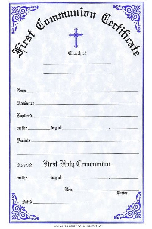 First Holy Communion Certificate-OA180-Church Life-FJ Remey-Michigan Church Supply