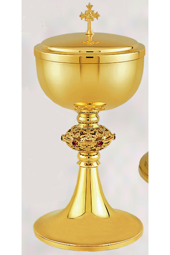 Gold Plated Ciborium with Red Stone Accents XZ10-218-Church Life-Veritas Polska-Michigan Church Supply