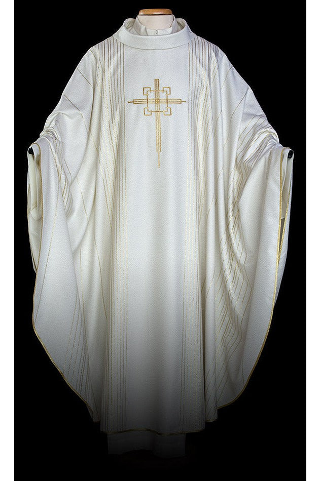 Jacquard Fabric Chasuble with Cross - MK65/002014-Church Life-MCS-MK-White-Michigan Church Supply