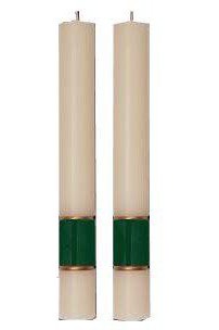 Paschal Side Candles - Green Gloria Sold As Pair-Church Life-Dadant-1-1/2" x 12"-Michigan Church Supply