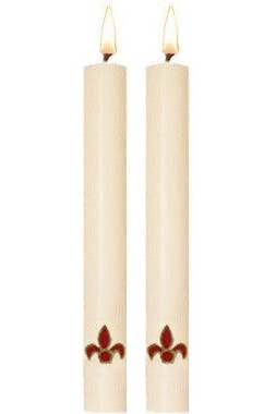 Paschal Side Candles - Red Fleur De Lis Sold As Pair-Church Life-Dadant-1-1/2" x 12"-Michigan Church Supply