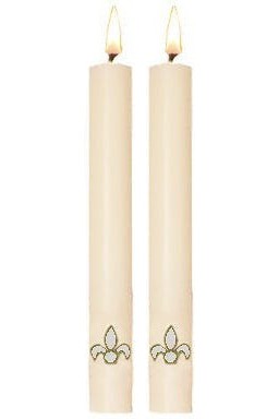 Paschal Side Candles - White Fleur De Lis Sold As Pair-Church Life-Dadant-1-1/2" x 12"-Michigan Church Supply