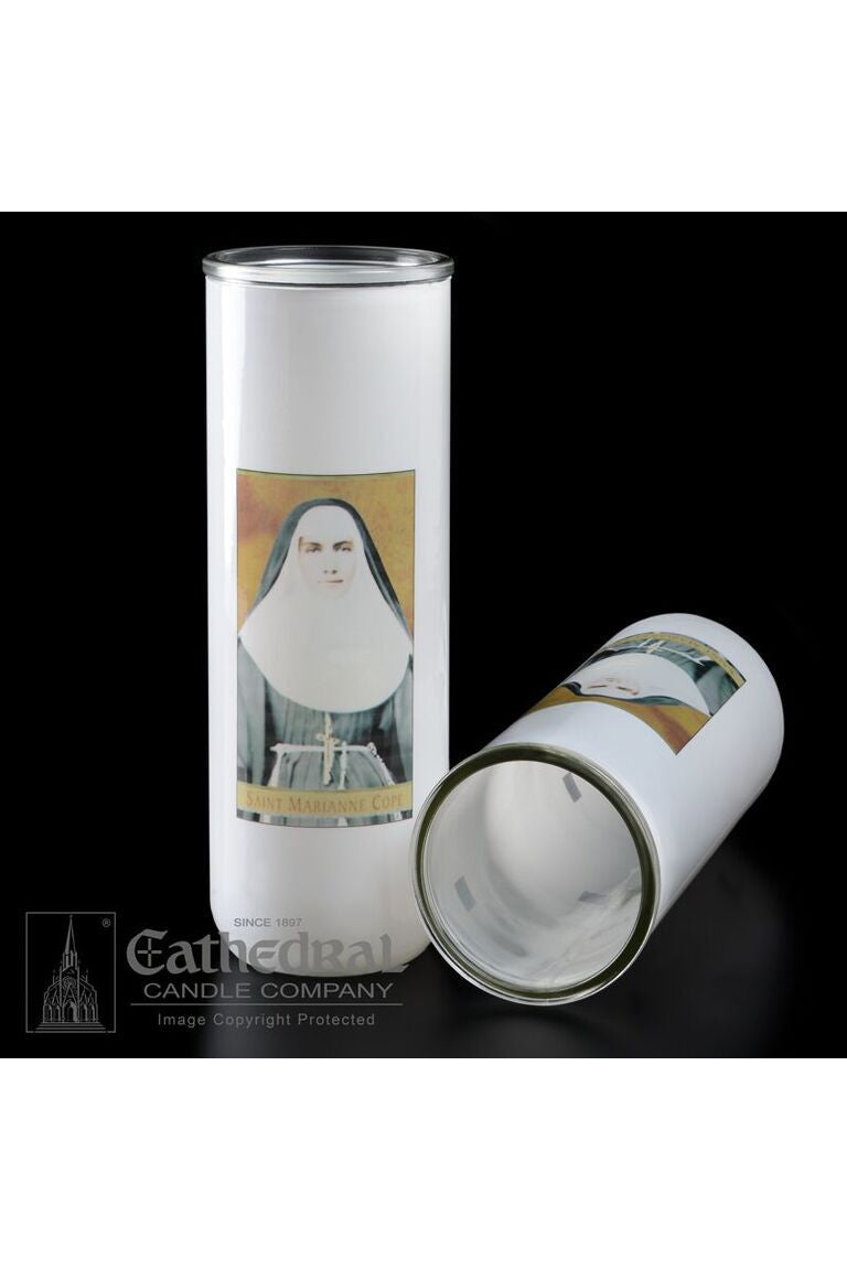 Patron Saint Glass 5/6/7 Day Globes - St. Marianne Cope-Church Life-Cathedral Candle-Michigan Church Supply