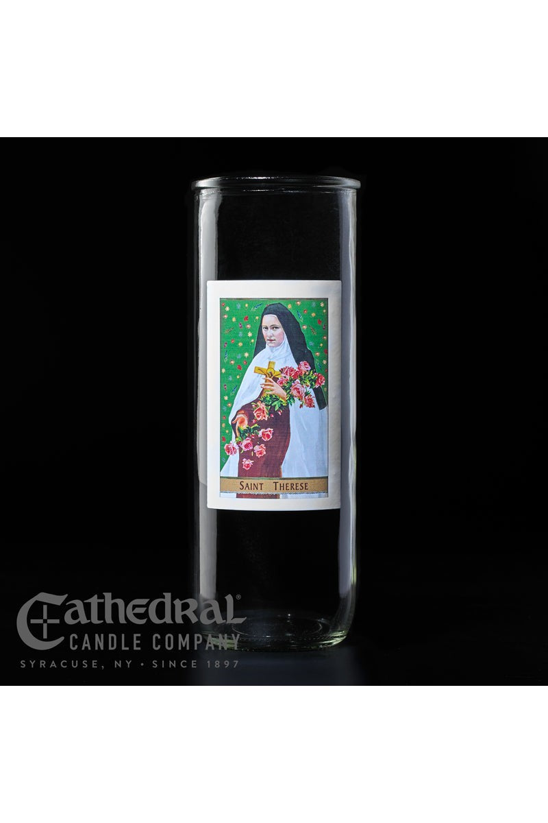 Patron Saint Glass 5/6/7 Day Globes - St. Therese-Church Life-Cathedral Candle-Michigan Church Supply