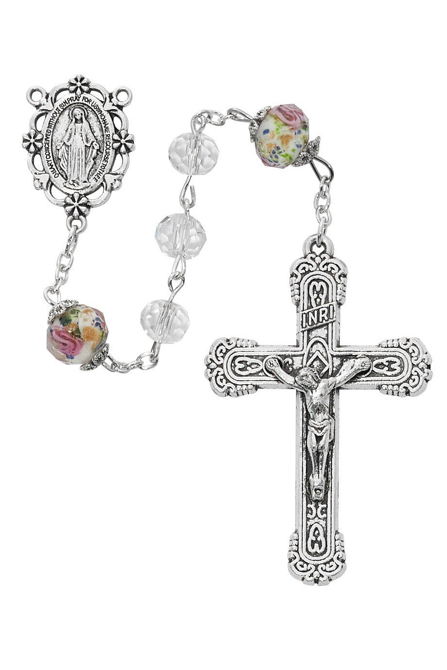 Rosary Clear Crystal with Floral beads - UZ887F-Inspirational Gifts-McVan-Michigan Church Supply