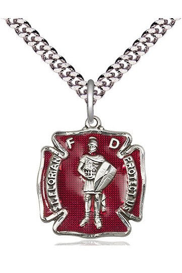 St Florian red enamel medal - FN0070E-Jewelry-Bliss Mfg-Sterling Silver-Michigan Church Supply