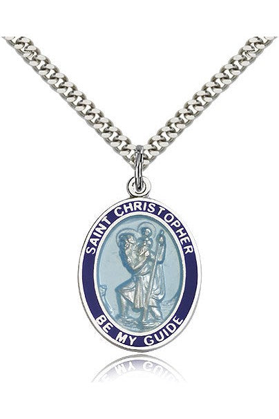 St. Christopher Blue Border Medal - FN7022BBSS24S-Jewelry-Bliss Mfg-Michigan Church Supply