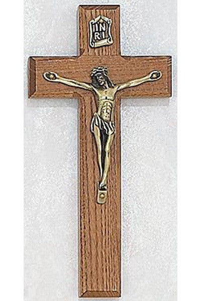 Stained Oak Crucifix W/ Gold Corpus: 7" - UZ7942476-Inspirational Gifts-McVan-Michigan Church Supply