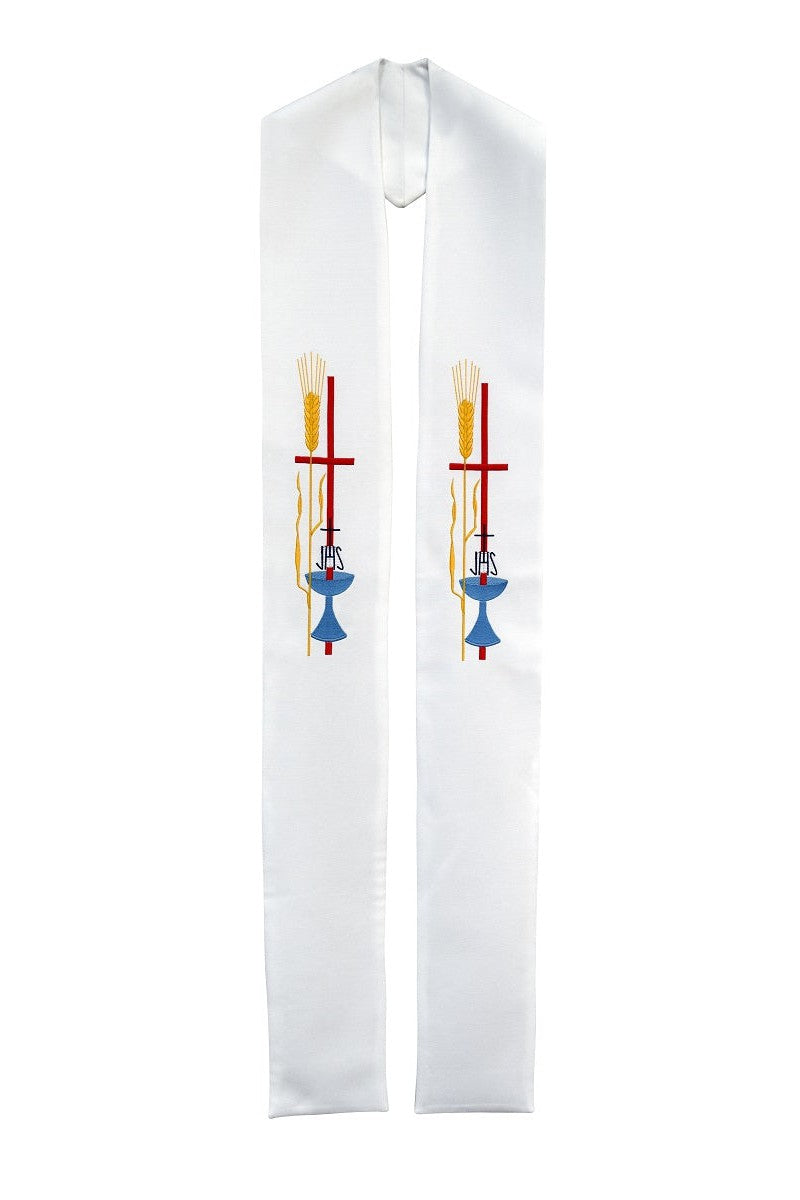 Stole with Cross & Communion Symbols - SL60-Church Life-Beau Veste-Pure White-Priest Overlay-Michigan Church Supply