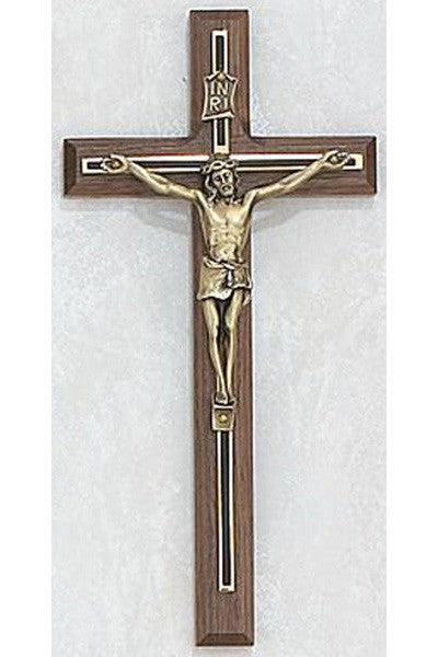 Walnut Crucifix Black/Gold Overlay: 8" - UZ7902189-Inspirational Gifts-McVan-Michigan Church Supply