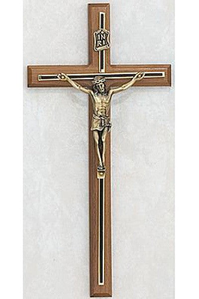 Walnut Crucifix Blk/Gld Overlay: 10" - UZ7902109-Inspirational Gifts-McVan-Michigan Church Supply