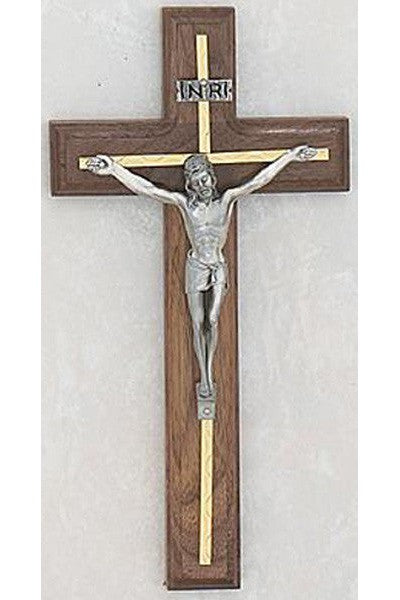 Walnut Crucifix W/ Silver Overlay: 10" - UZ7915-Inspirational Gifts-McVan-Michigan Church Supply